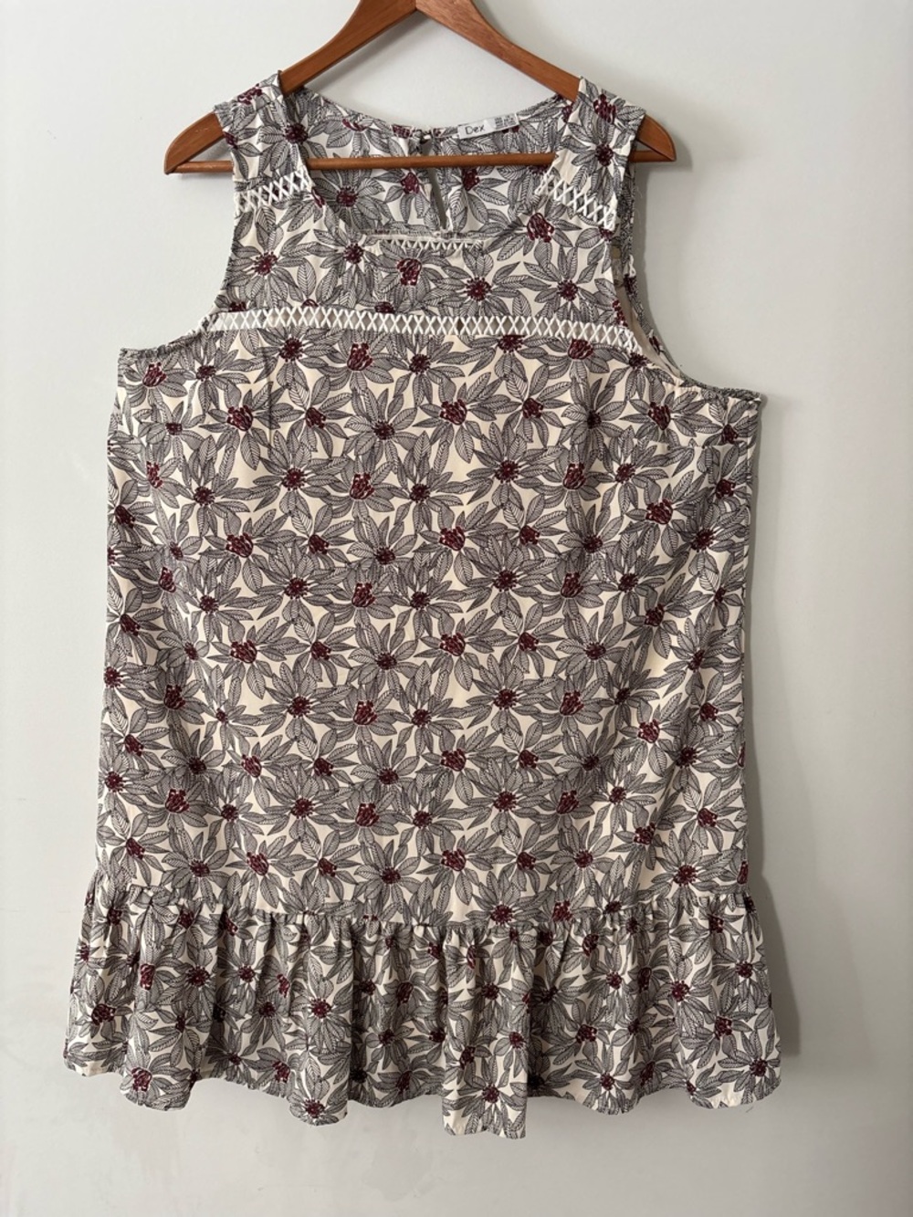 Dex Cream Floral Tank Dress with Black Leaf Print & Burgundy Accents
